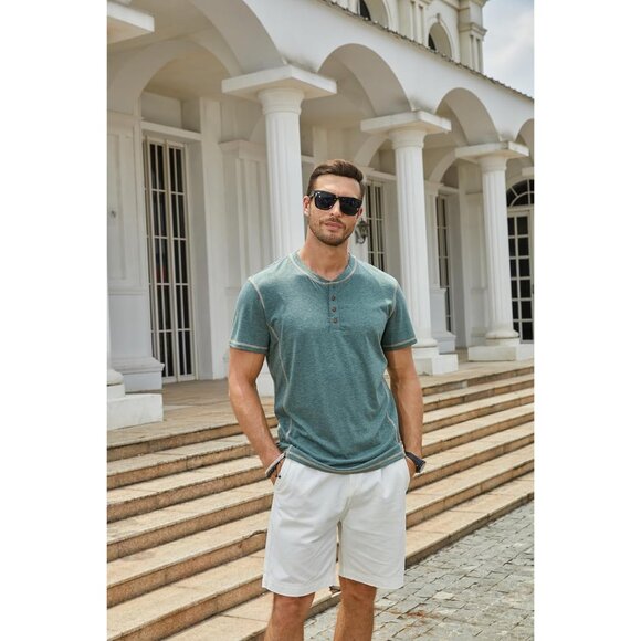 Mens Black Short Sleeve Henley Shirt Casual Button Tee Cotton Summer Top - Picture 6 of 7